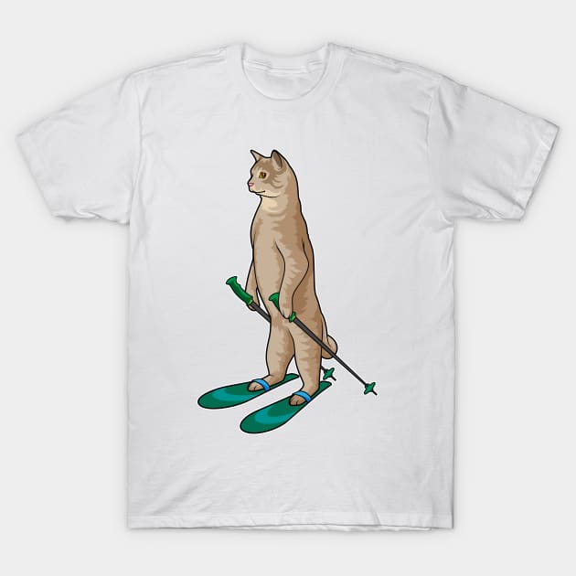 Cat as Skier with Ski & Ski poles T-Shirt by Markus Schnabel